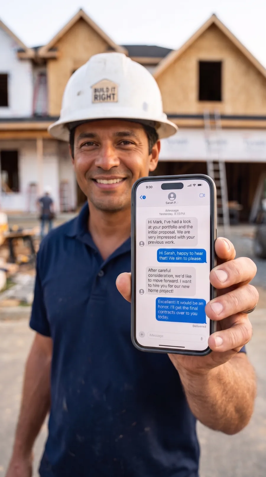 Prestador de serviço brasileiro mostrando o celular cheio de mensagens de cliente americano