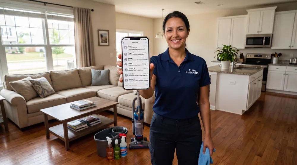 Prestadora de serviço brasileira mostrando o celular cheio de mensagens de cliente americano